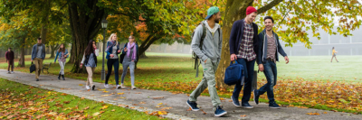 A banner of an image of groups of students walking to class.