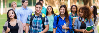 A banner of an image of a group of college students walking to class.