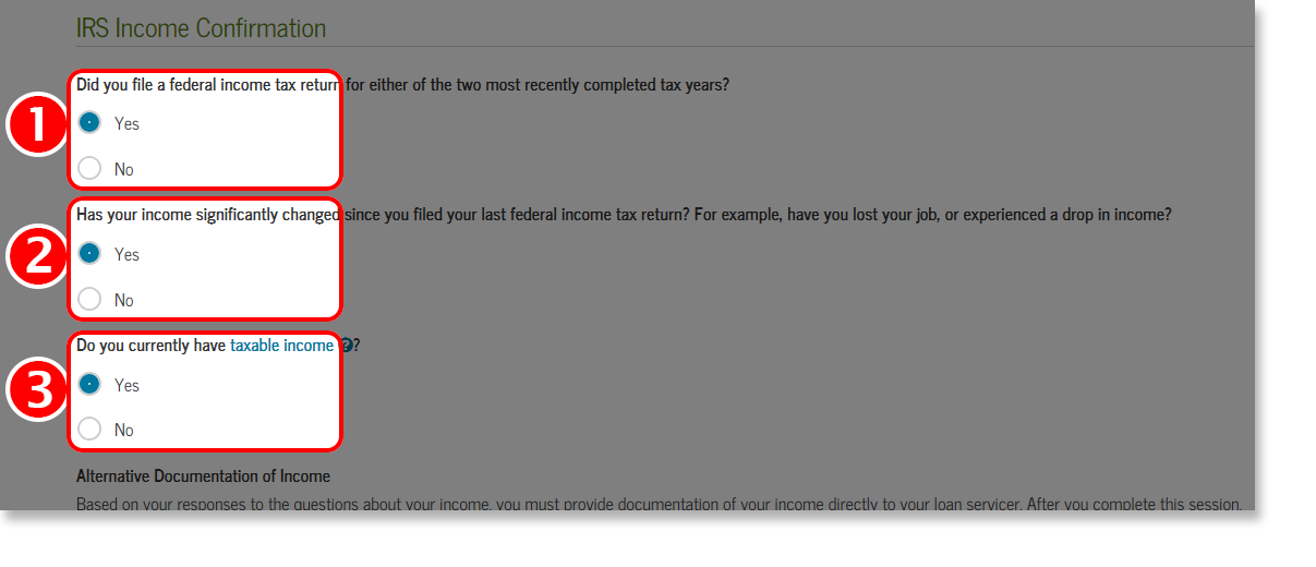 Screenshot of IRS Income Confirmation screen from the Choose Repayment Plan section of Loan Consolidation Application Tutorial.
