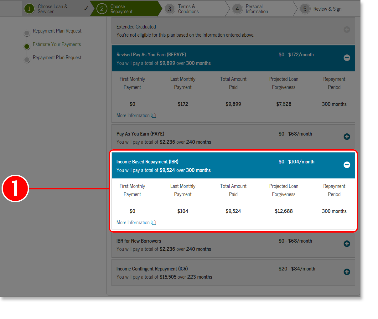 Screenshot 2 of Estimate Your Payments screen from the Choose Repayment Plan section of Loan Consolidation Application Tutorial.