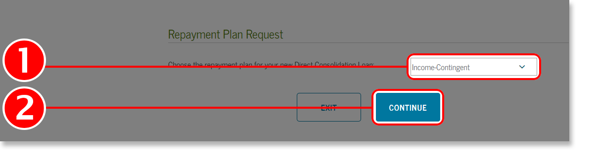 Screenshot of Repayment Plan Request screen from the Choose Repayment Plan section of Loan Consolidation Application Tutorial.