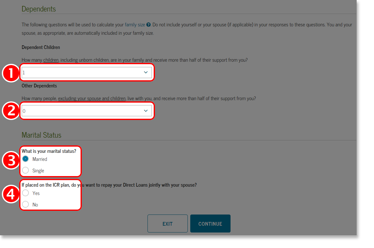 Screenshot of Dependents screen from the Choose Repayment Plan section of Loan Consolidation Application Tutorial.