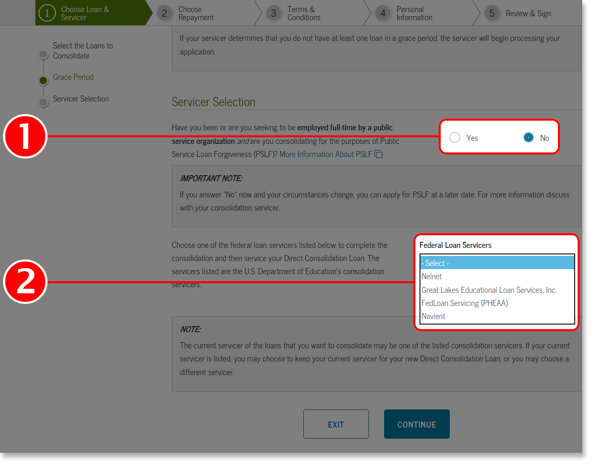 Screenshot of Servicer Selection screen from the Select a Loan and Servicer section of Loan Consolidation Application Tutorial.