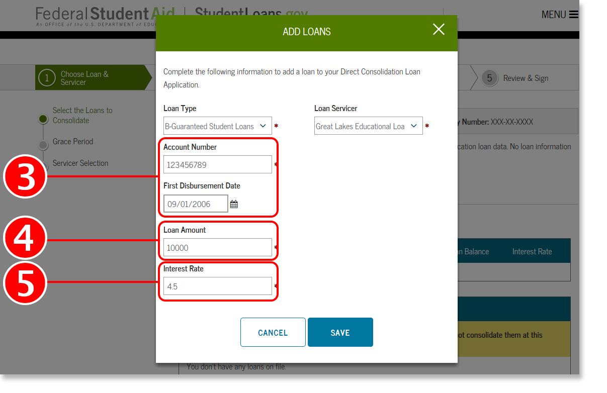 Screenshot 3 of Add Loans screen from the Select a Loan and Servicer section of Loan Consolidation Application Tutorial.