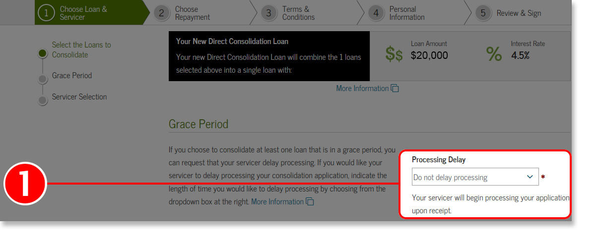 Screenshot of Grace Period screen from the Select a Loan and Servicer section of Loan Consolidation Application Tutorial.