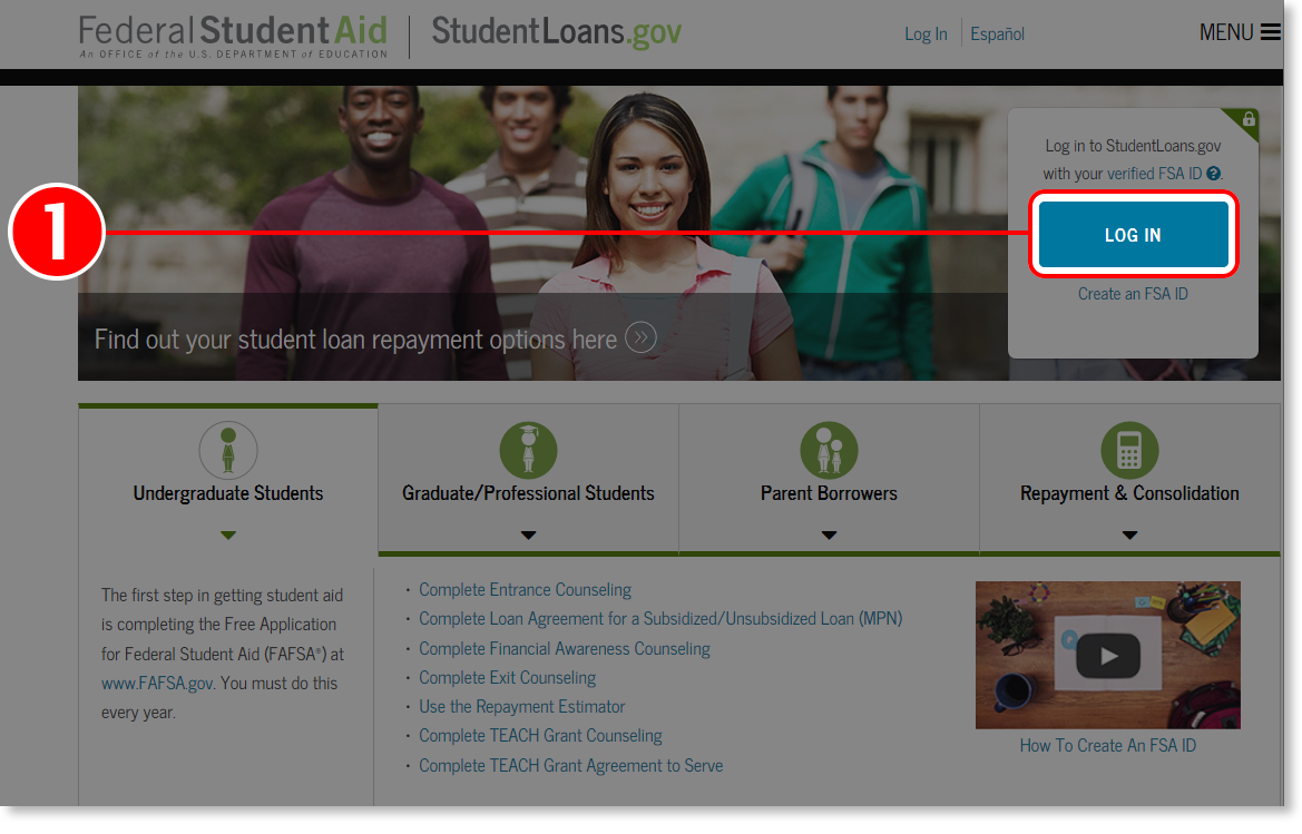 Screenshot of StudentLoans.gov website homepage from the Log In section of Loan Consolidation Application Tutorial.