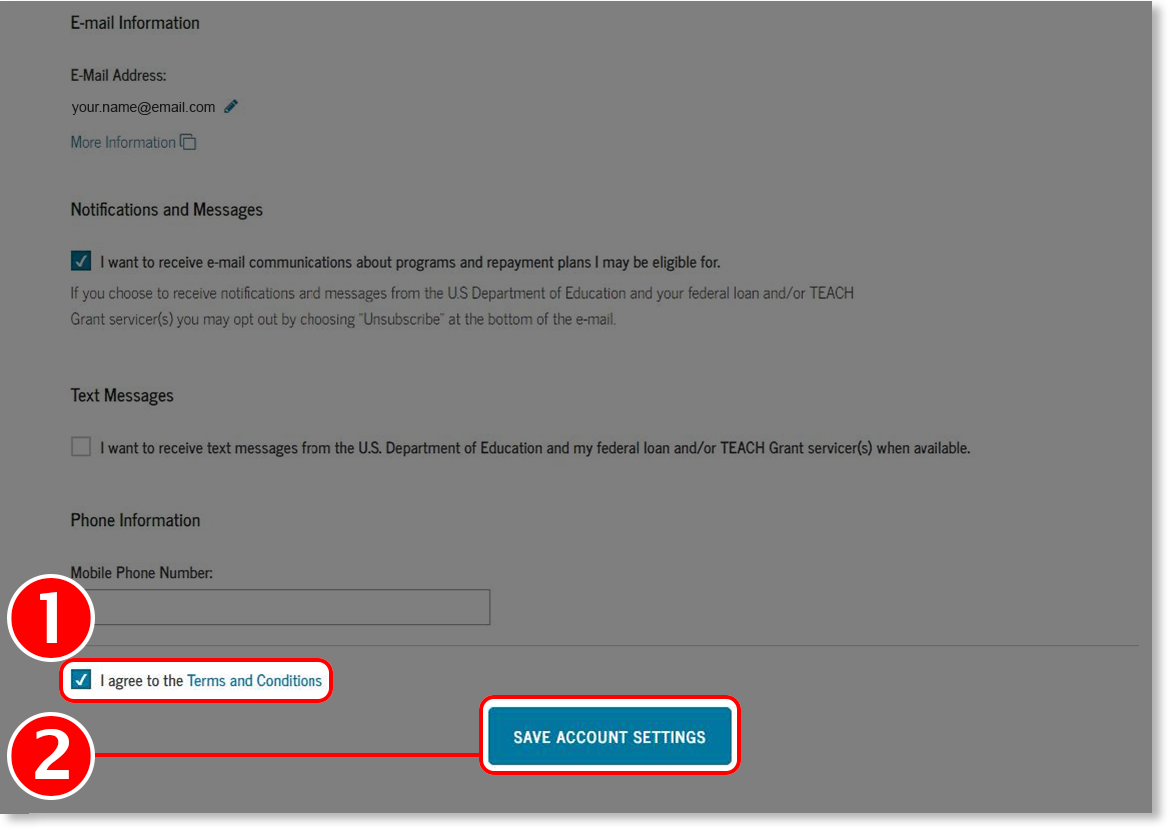 Screenshot of Account Settings Page screen from the Log In section of Loan Consolidation Application Tutorial.