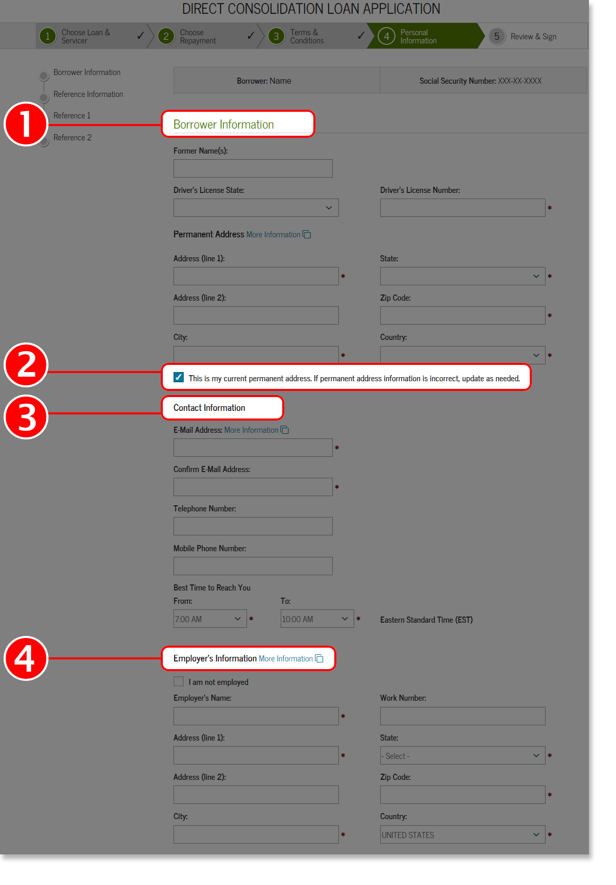 Screenshot 1 of Personal Information section of Loan Consolidation Application Tutorial.