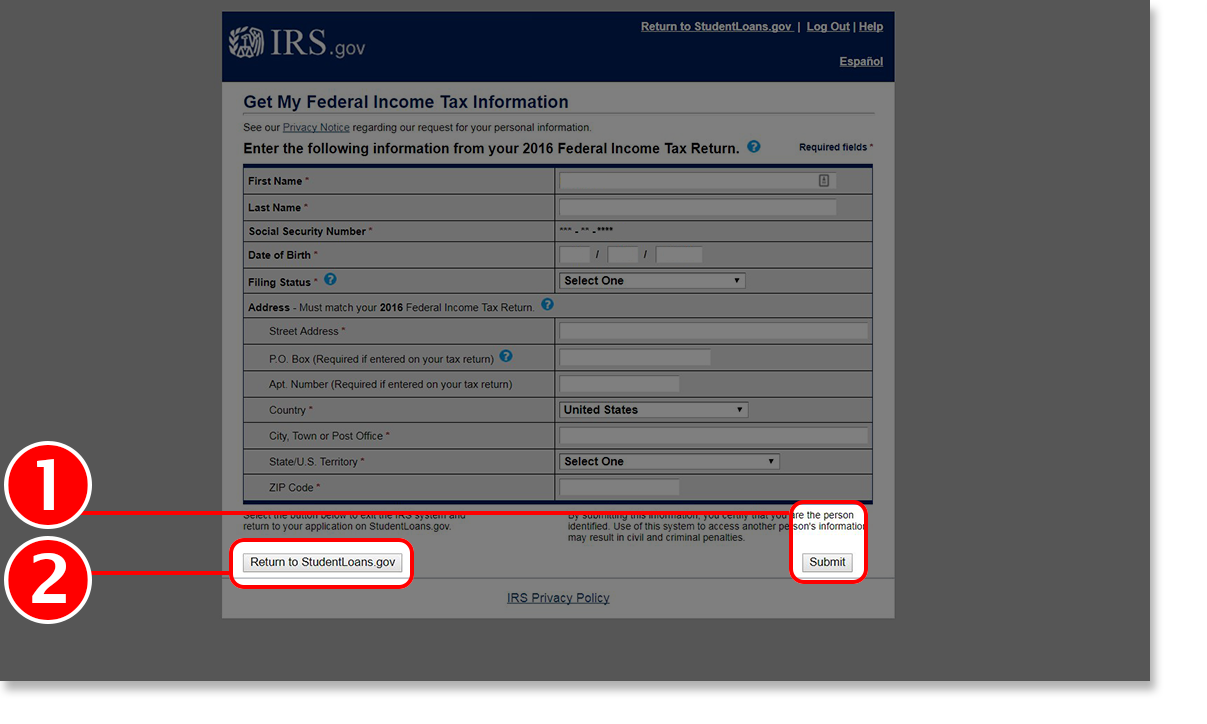 Screenshot of IRS.GOV Screen from Choose Repayment Plan section of Loan Consolidation Application Tutorial.