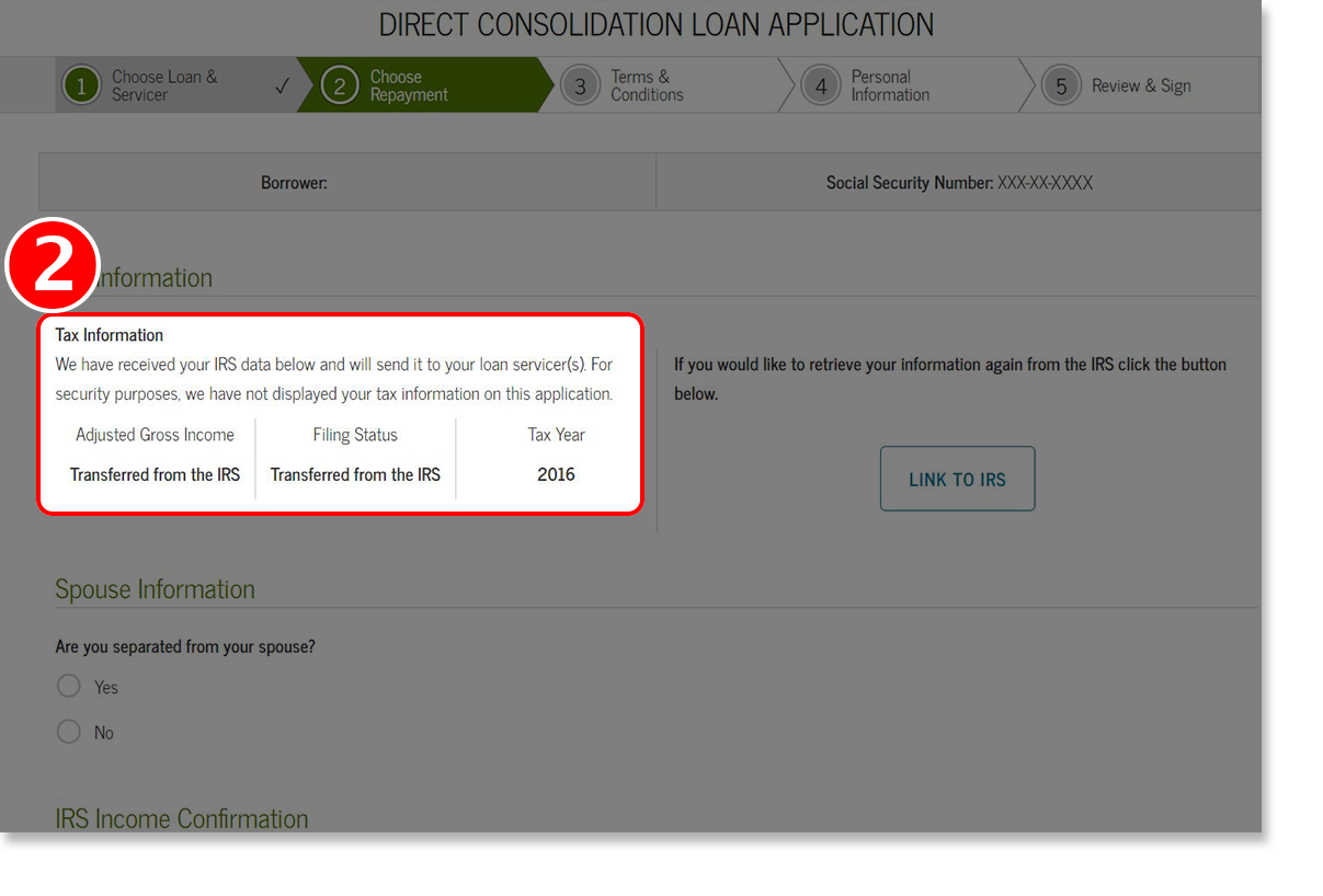 Screenshot of IRS Information Screen from Choose Repayment Plan section of Loan Consolidation Application Tutorial.