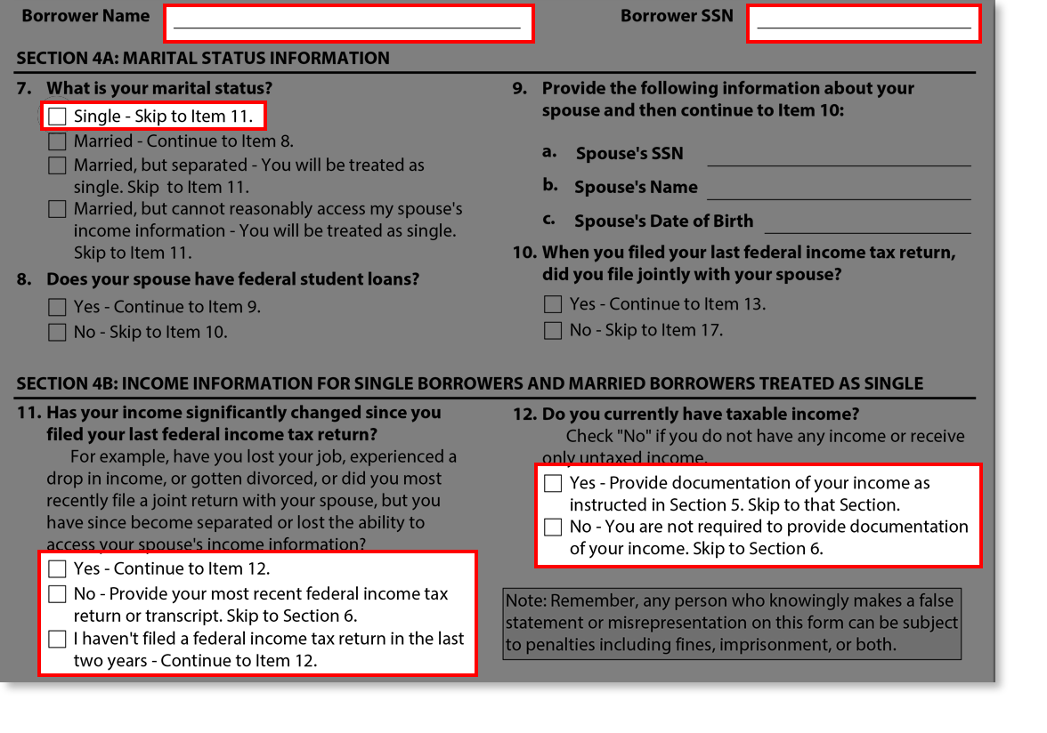 Screenshot of Marital Status Information Screen from Single section of Income-Driven Repayment Application Tutorial.