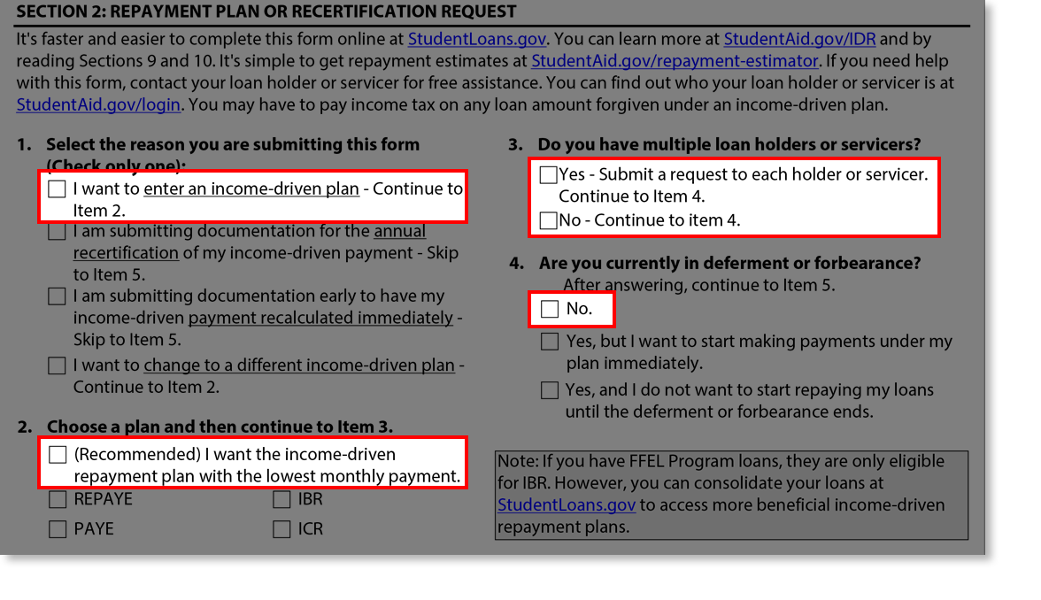 Screenshot of Section 2: Repayment Plan or Recertification Request Screen from Married section of Income-Driven Repayment Application Tutorial.