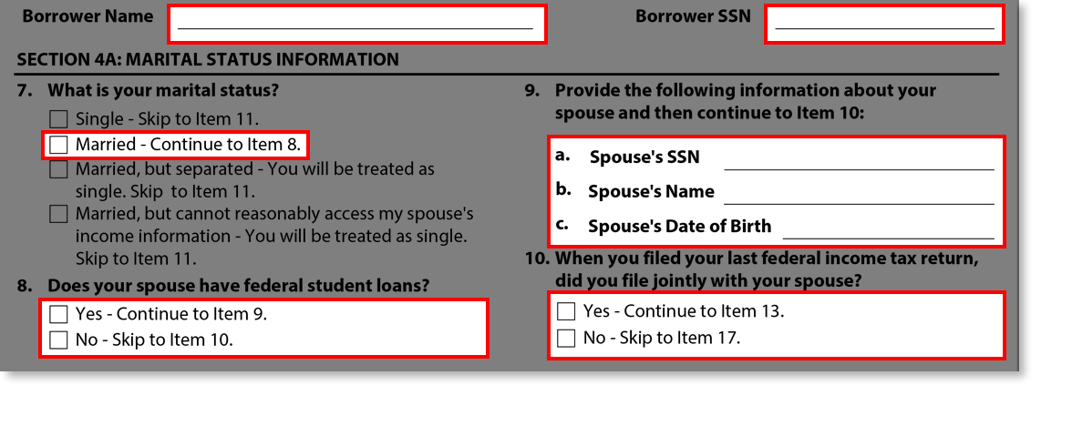 Screenshot of Section 4A: Marital Status Information Screen from Married section of Income-Driven Repayment Application Tutorial.