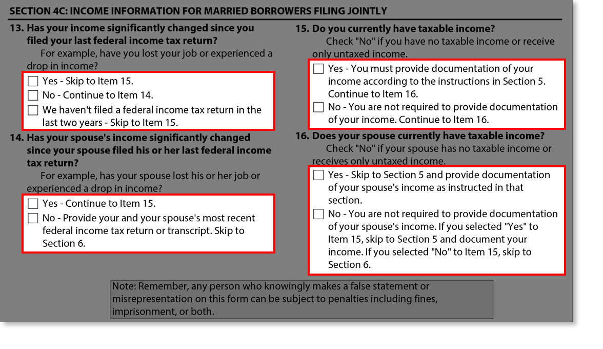 Screenshot of Section 4C: Income Information for Married Borrowers Filing Jointly from Married section of Income-Driven Repayment Application Tutorial.