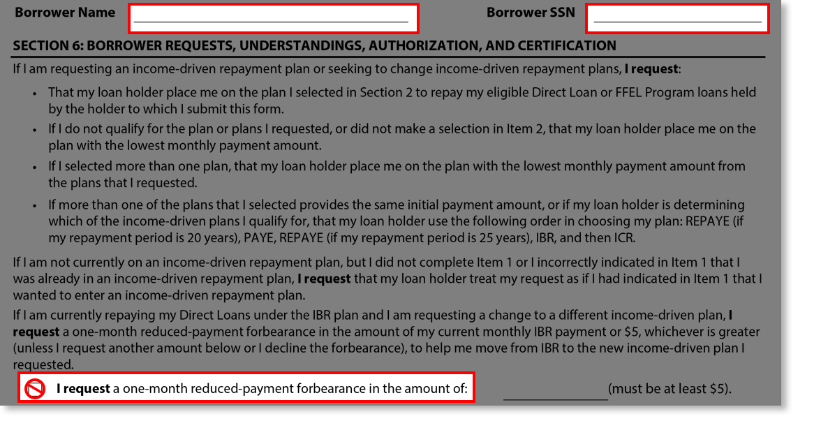 Screenshot of Section 6: Borrower Requests, Understandings, Authorizations, and Certification Screen from Married section of Income-Driven Repayment Application Tutorial.