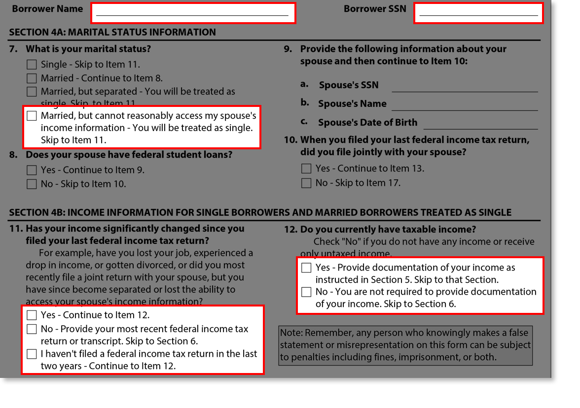 Screenshot of Sections 4A and 4B Screen from Married, but Can't Access Spouses's Information section of Income-Driven Repayment Application Tutorial.