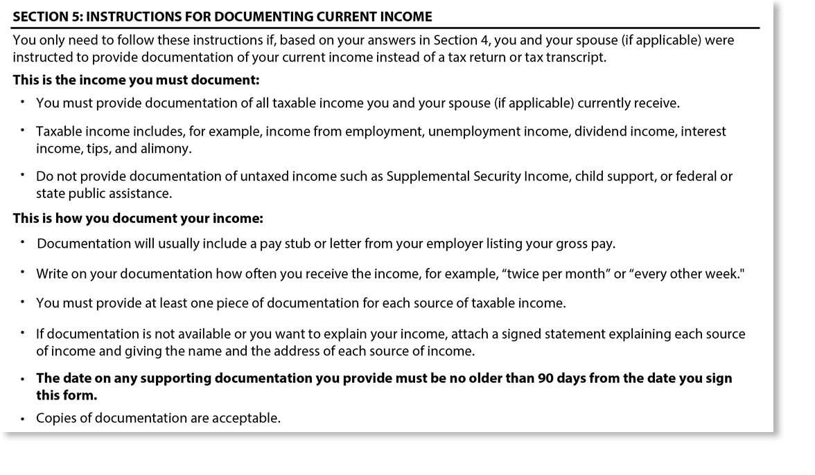 Screenshot of Section 5: For Borrowers with Taxable Income Screen from Married, but Can't Access Spouses's Information section of Income-Driven Repayment Application Tutorial.