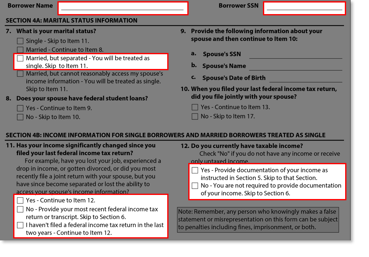 Screenshot of Section 4A and 4B from Married, but Separated section of Income-Driven Repayment Application Tutorial.