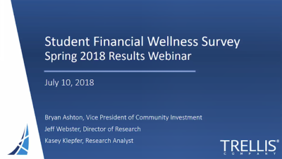 An image of a title screen for the following webinar "Student Financial Wellness Survey, Spring 2018 Results Webinar".