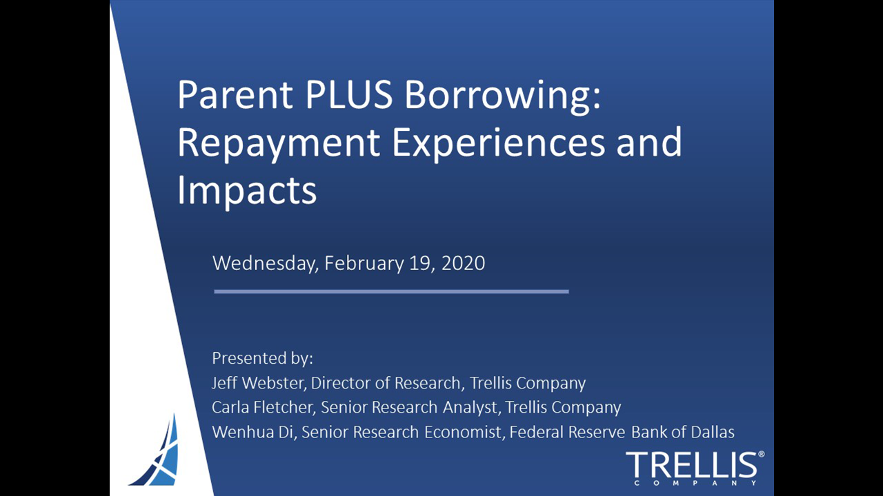 An image of a screenshot for the Trellis webinar Parent PLUS Borrowing: Repayment Experiences and Impacts