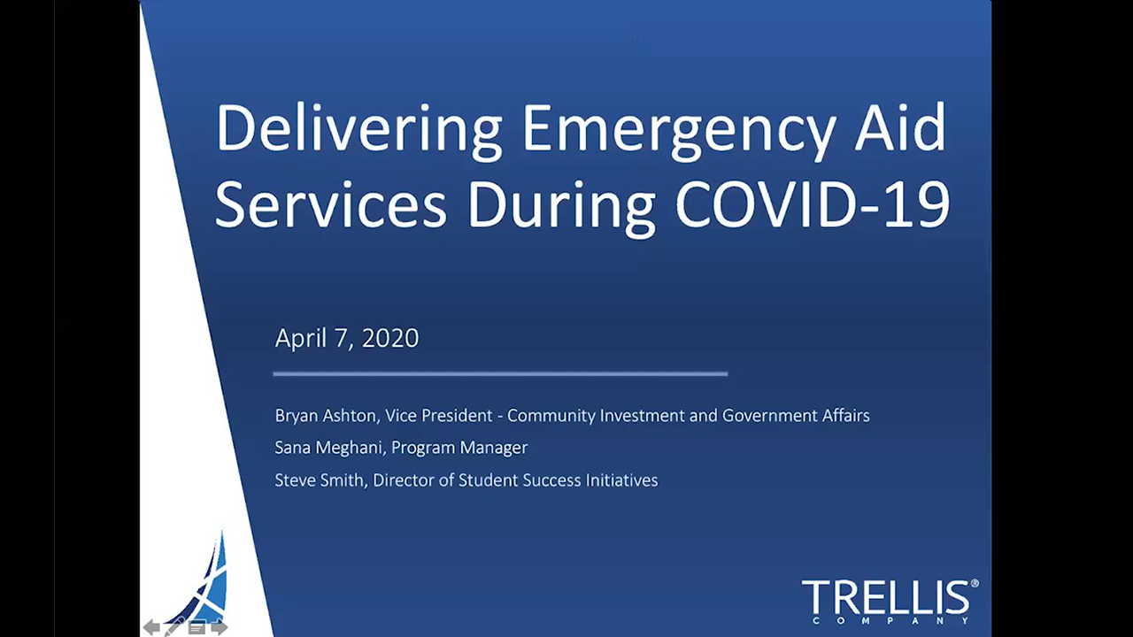 An image of a screenshot for the Trellis webinar "Delivering Emergency Aid Services During COVID-19".