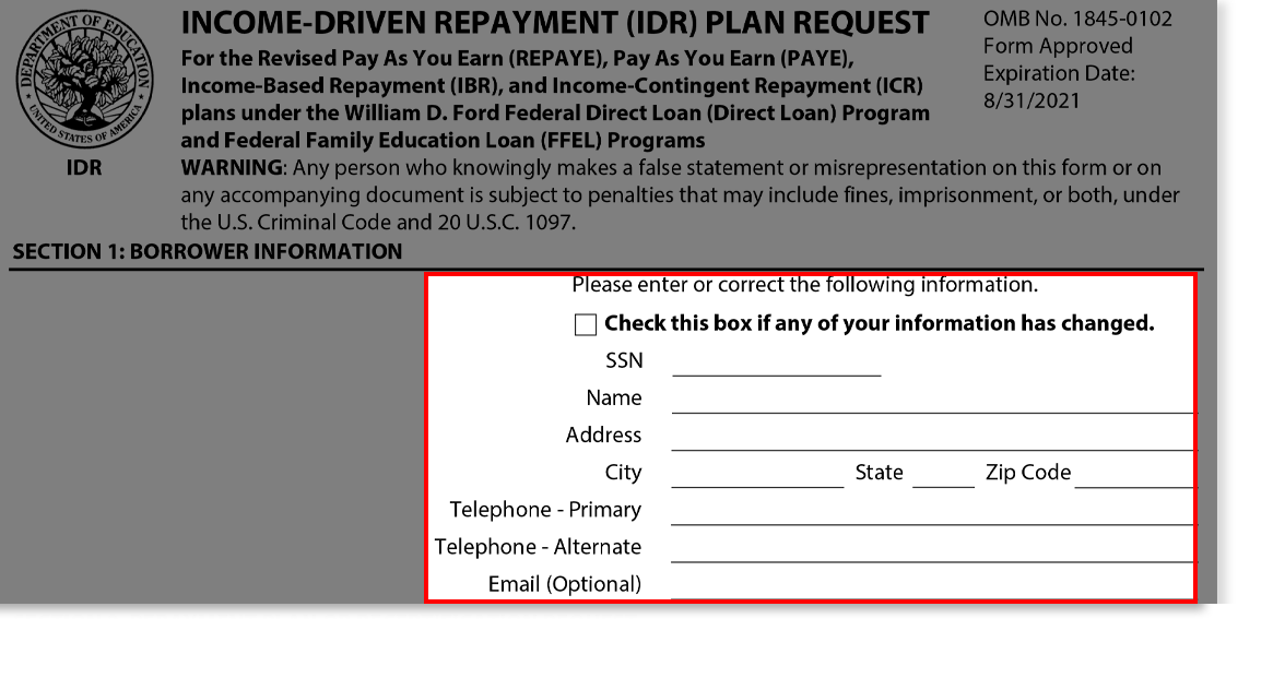 Screenshot of Section 1: Borrower Information Screen from Married section of Income-Driven Repayment Application Tutorial.