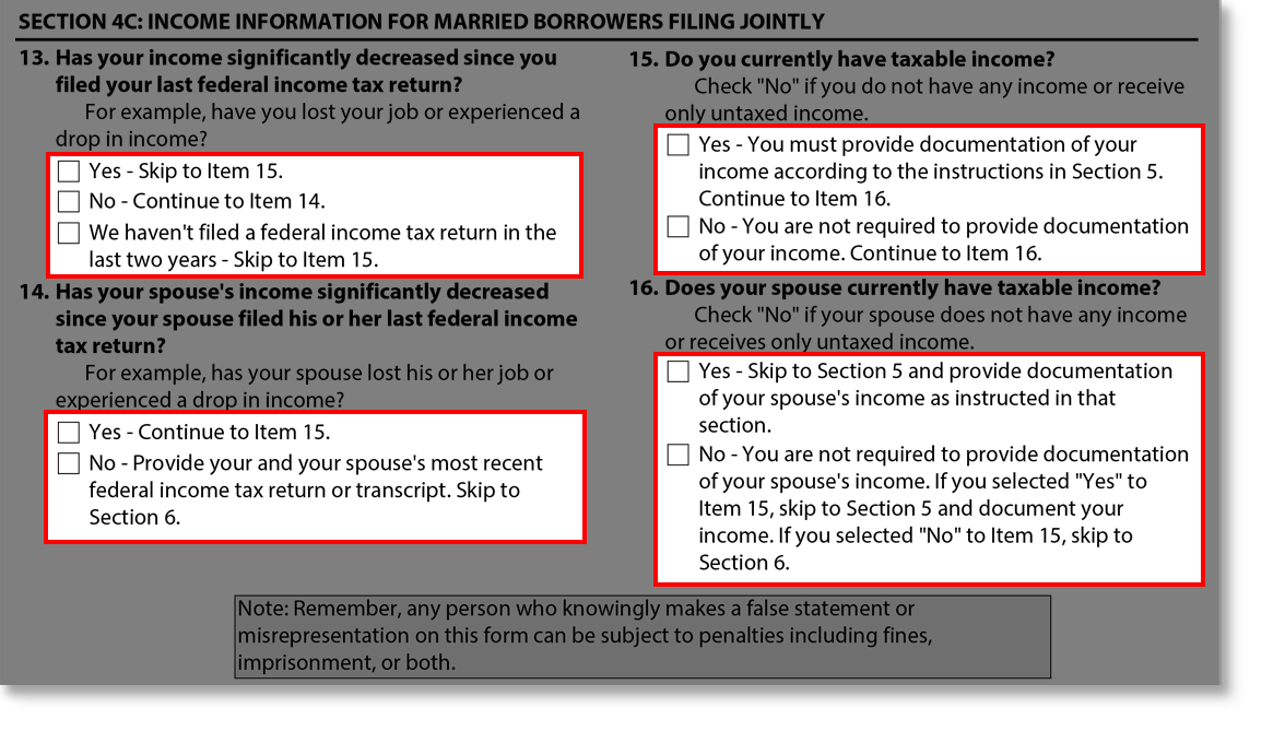 Screenshot of Section 4C: Income Information for Married Borrowers Filing Jointly from Married section of Income-Driven Repayment Application Tutorial.