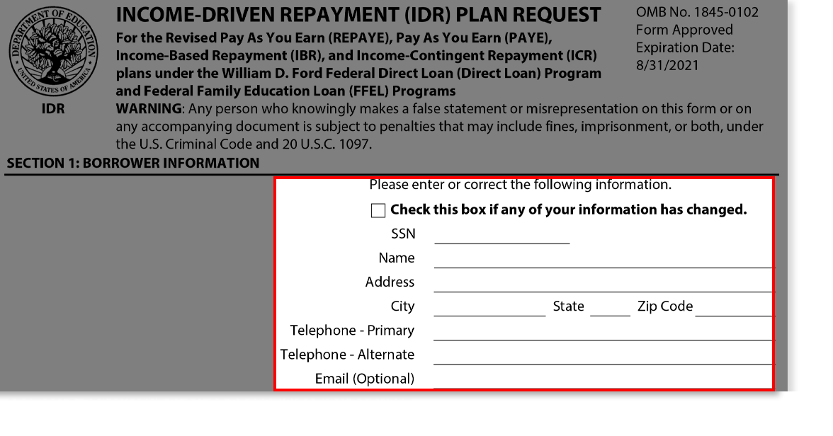 Screenshot of Section 1: Borrower Information Screen from Married, but Can't Access Spouses's Information section of Income-Driven Repayment Application Tutorial.