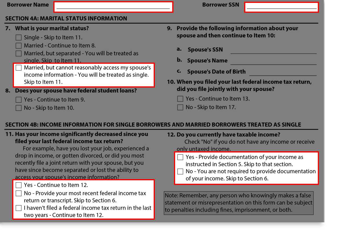 Screenshot of Sections 4A and 4B Screen from Married, but Can't Access Spouses's Information section of Income-Driven Repayment Application Tutorial.