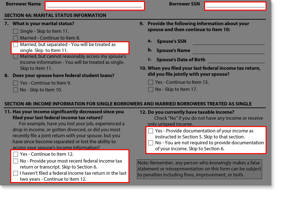 Screenshot of Section 4A and 4B from Married, but Separated section of Income-Driven Repayment Application Tutorial.