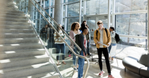 An image of a group of students meeting in a school lounge area.