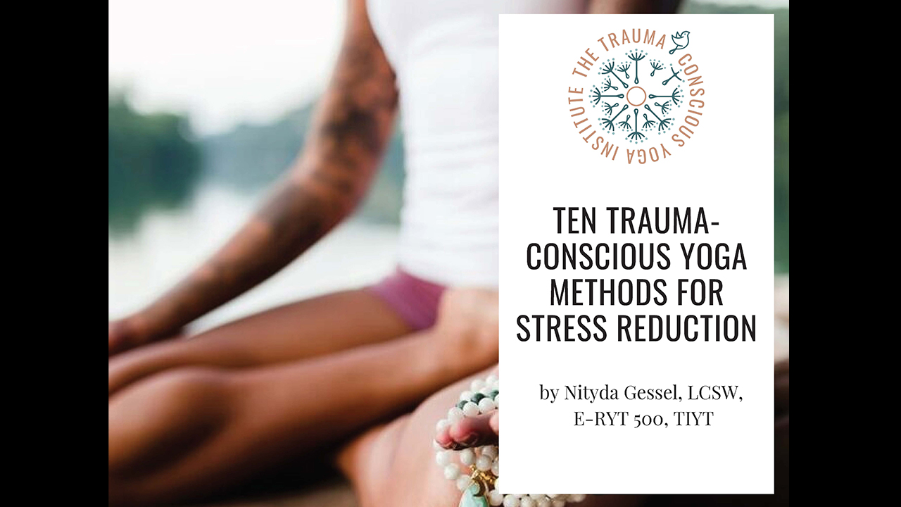 An image of a screenshot for the Trellis webinar "Towards Healing: Community Meditation and Trauma-Conscious Yoga".