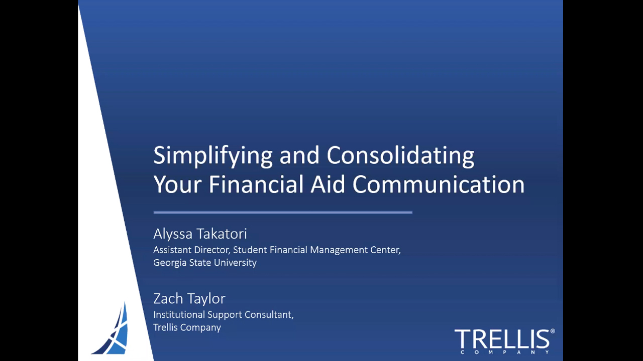 The opening screenshot from the Trellis webinar "Simplifying and Consolidating Your Financial Aid Communication".